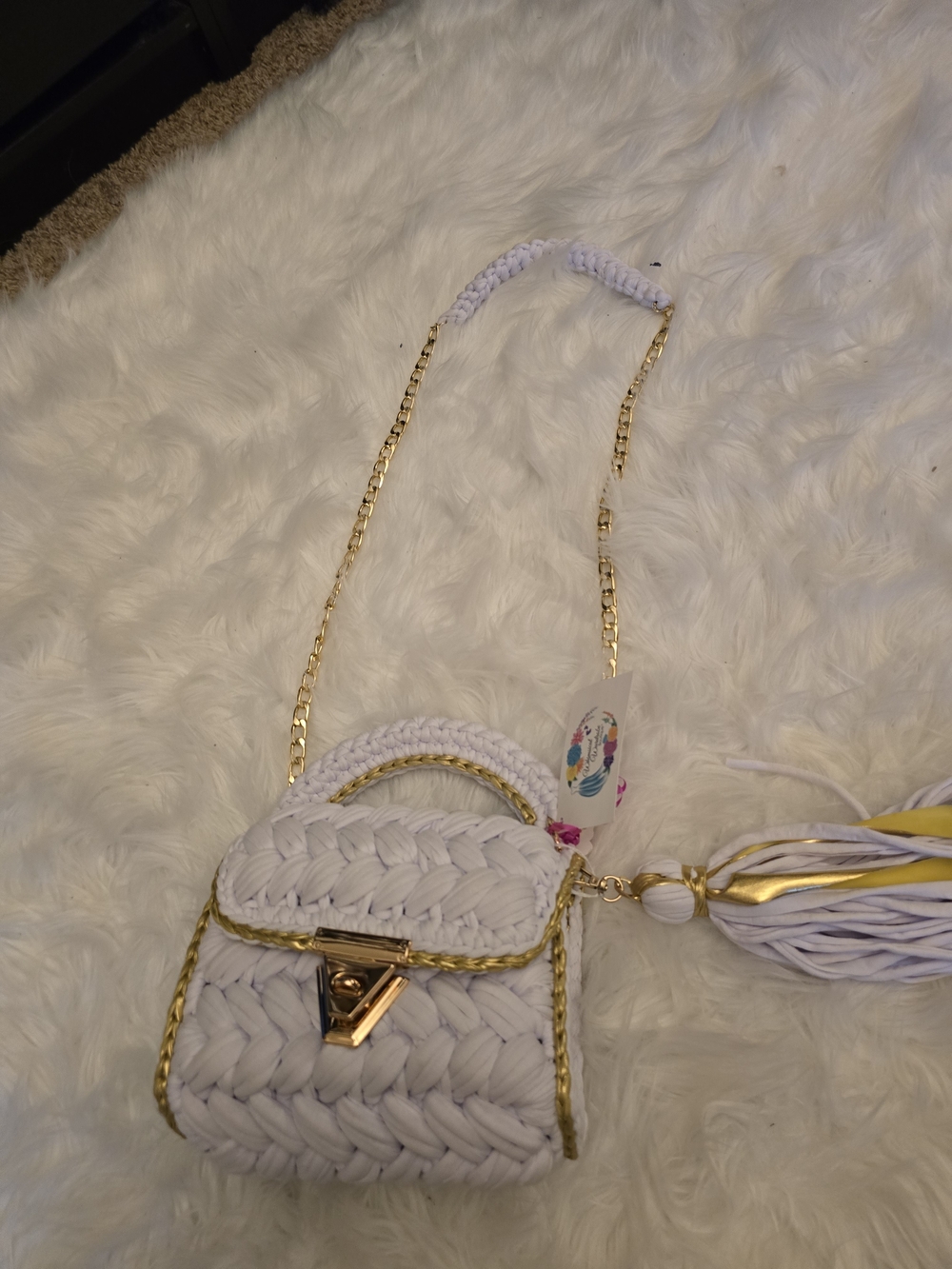 White Woven Crossbody Bag with Gold Trim